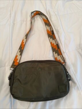 Olive Crossbody Bag with Orange Accent Strap by
